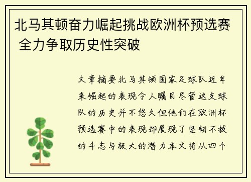 北马其顿奋力崛起挑战欧洲杯预选赛 全力争取历史性突破