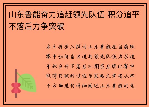 山东鲁能奋力追赶领先队伍 积分追平不落后力争突破