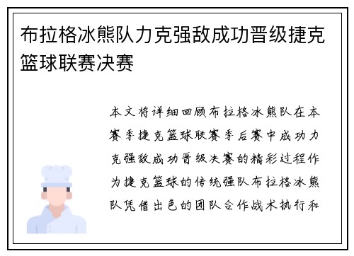 布拉格冰熊队力克强敌成功晋级捷克篮球联赛决赛 