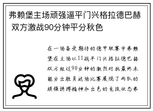 弗赖堡主场顽强逼平门兴格拉德巴赫 双方激战90分钟平分秋色