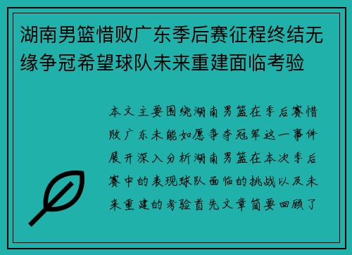 湖南男篮惜败广东季后赛征程终结无缘争冠希望球队未来重建面临考验