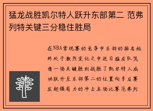 猛龙战胜凯尔特人跃升东部第二 范弗列特关键三分稳住胜局