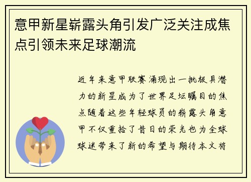 意甲新星崭露头角引发广泛关注成焦点引领未来足球潮流