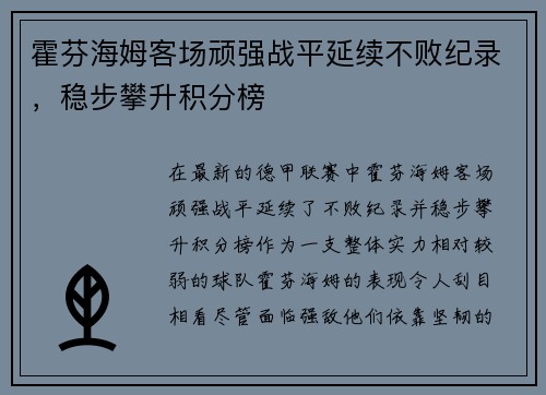 霍芬海姆客场顽强战平延续不败纪录，稳步攀升积分榜