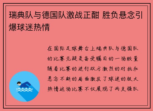 瑞典队与德国队激战正酣 胜负悬念引爆球迷热情
